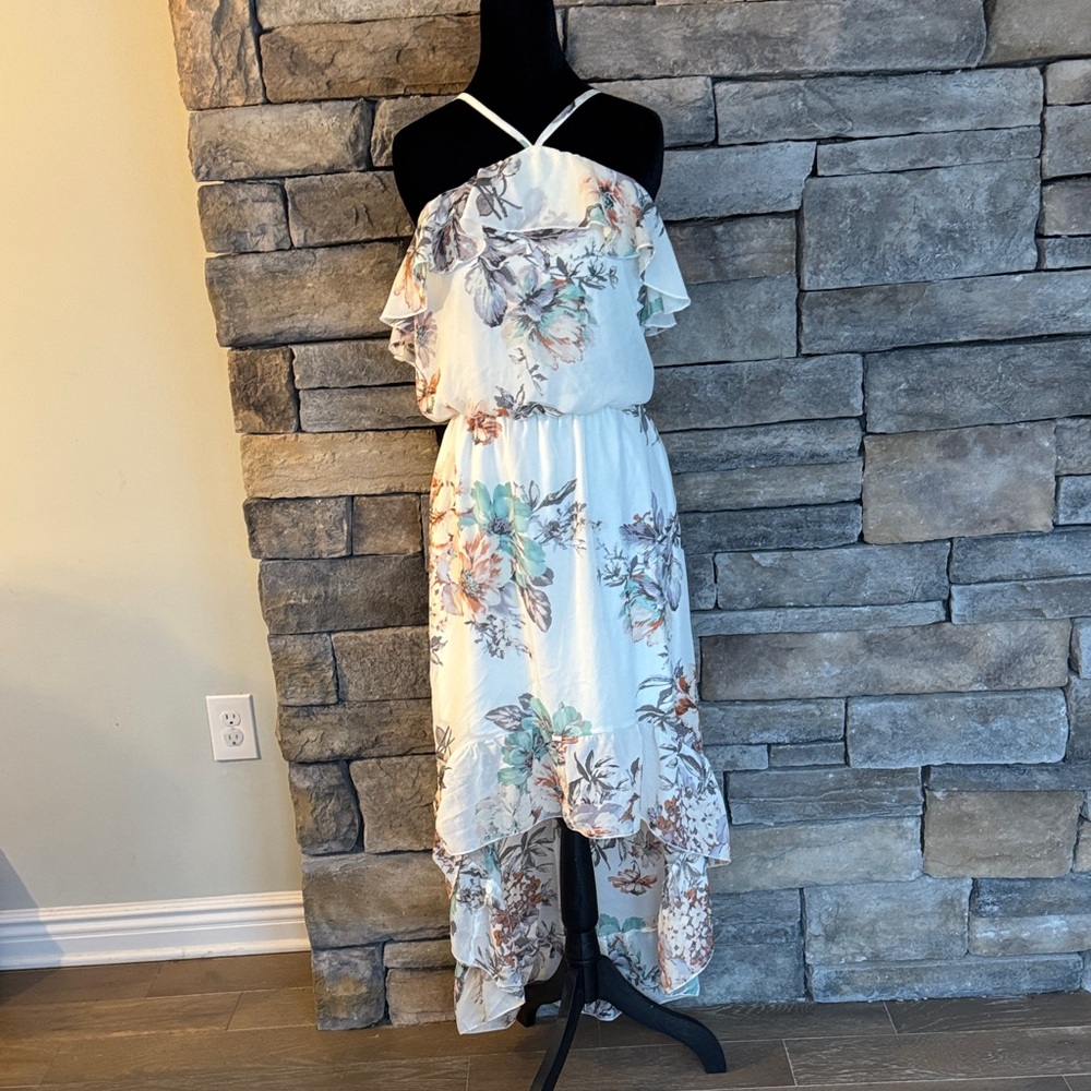 BAILEY BLUE - High-Low Ruffle Maxi Floral Dress